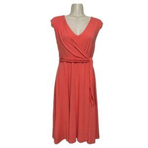 Ann Taylor Faux Wrap Surplice V Neck Midi Dress in Coral Size S